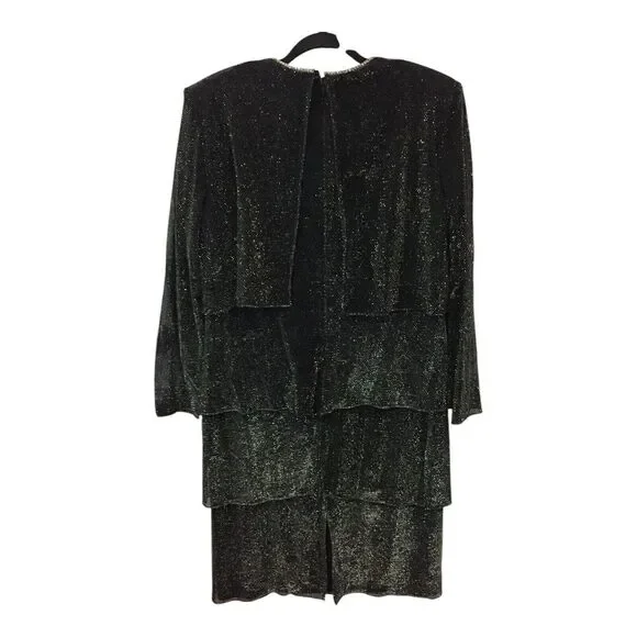 Patra Tiered Dress Womens‎ 16 Rhinestone Collar Black Silver Sparkle Long Sleeve - Picture 2 of 9